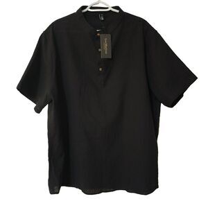 LucMatton NWT Mens Cotton Linen Blend Short Sleeve Henley Casual Shirt Black XXL